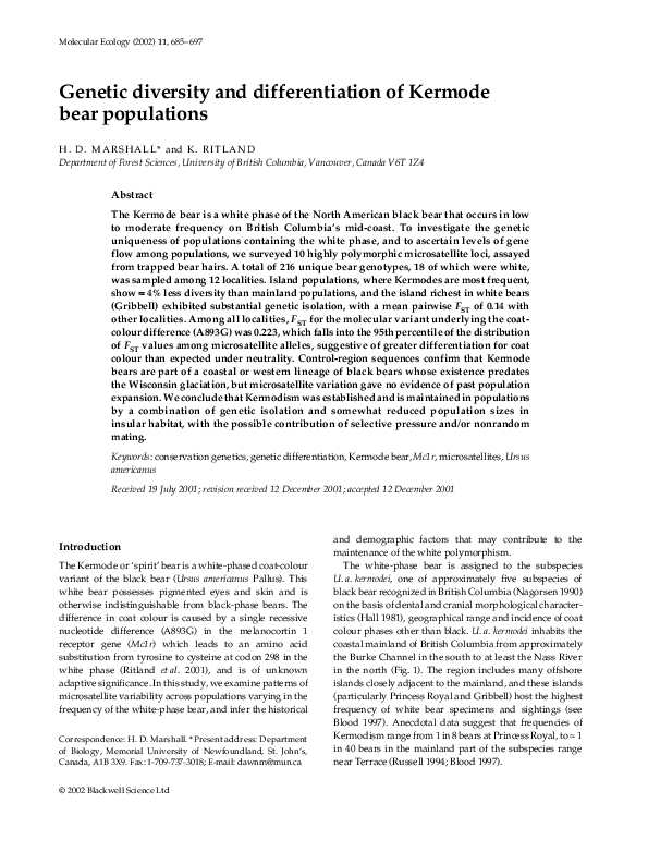 Pdf Genetic Diversity And Differentiation Of Kermode Bear Populations