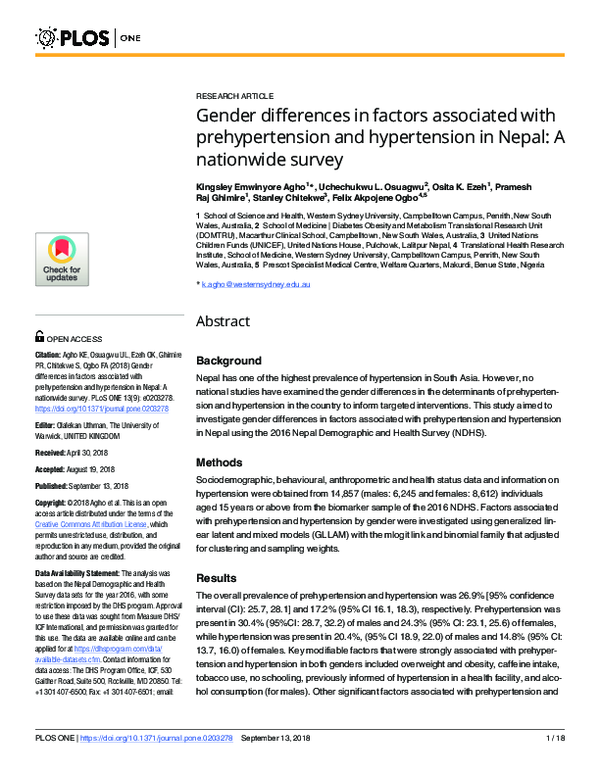(PDF) Gender differences in factors associated with prehypertension and ...