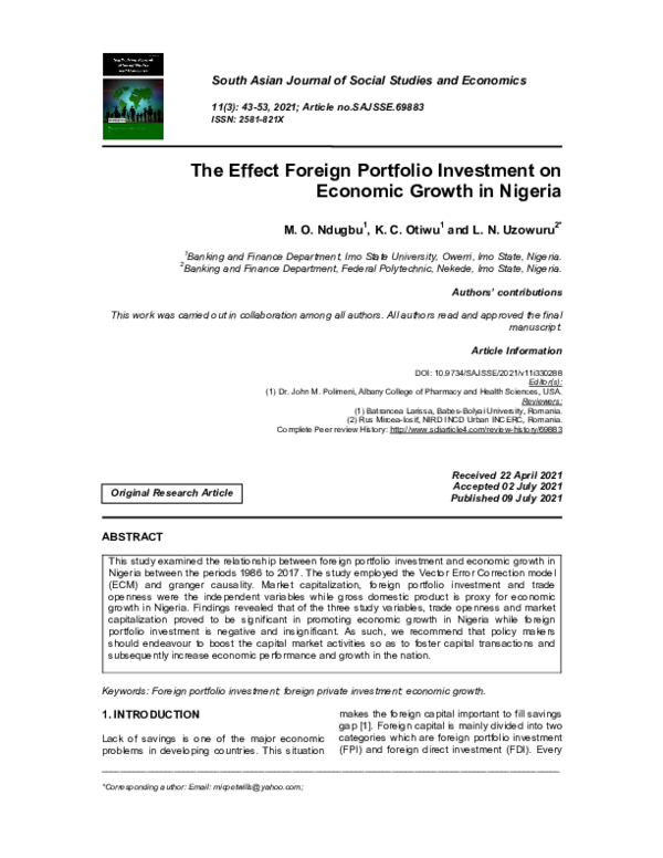 (PDF) The effect Foreign Portfolio Investment on Economic Growth in Nigeria