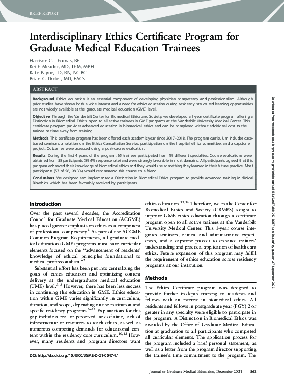 (PDF) Interdisciplinary Ethics Certificate Program for Graduate Medical ...