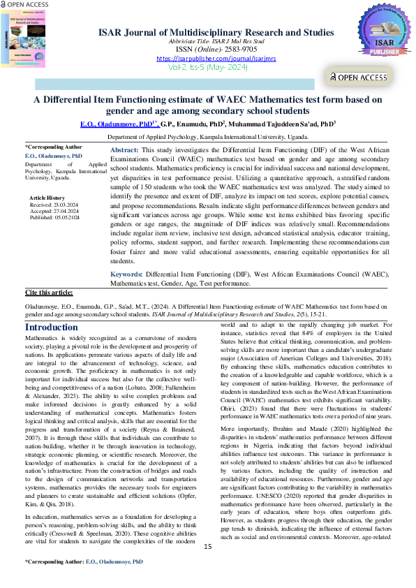 (PDF) A Differential Item Functioning estimate of WAEC Mathematics test ...