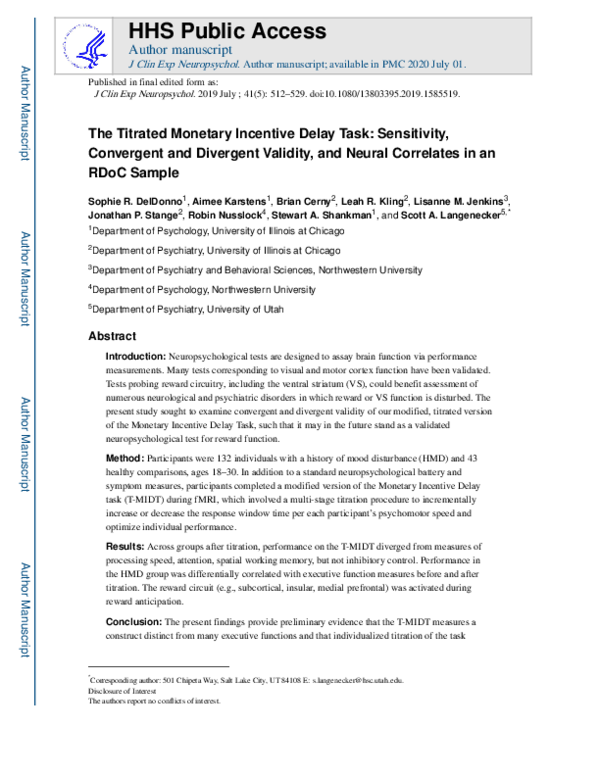 (PDF) The Titrated Monetary Incentive Delay Task: Sensitivity ...