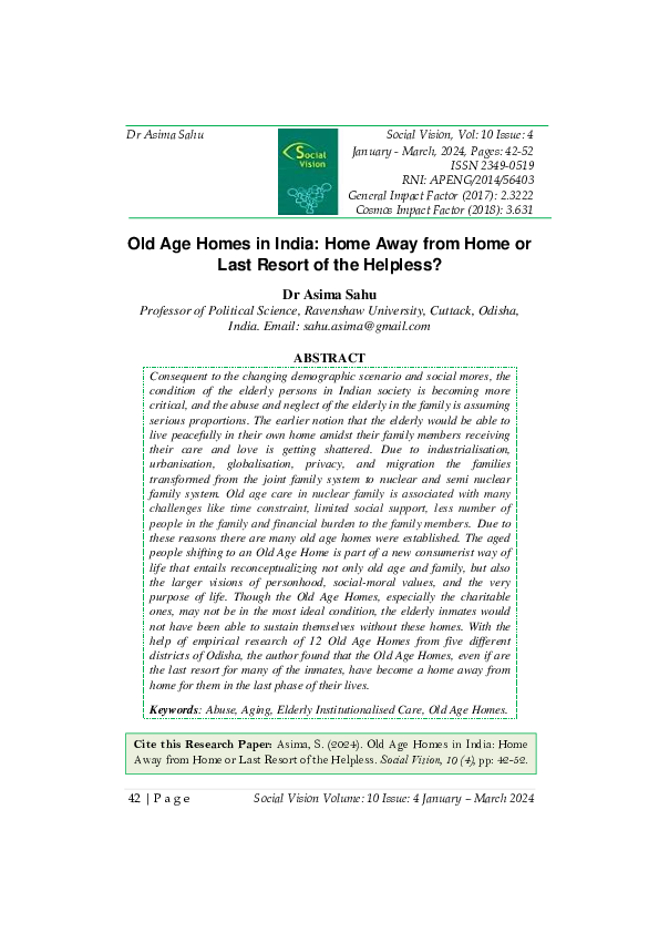 (PDF) Old Age Homes in India: Home Away from Home or Last Resort of the ...
