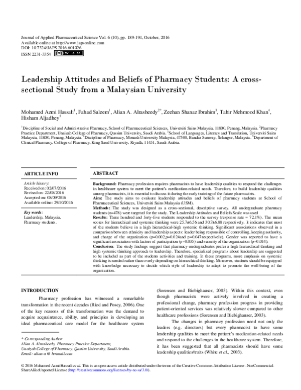 (PDF) Leadership Attitudes and Beliefs of Pharmacy Students: A cross ...
