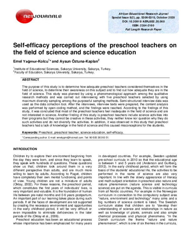 (PDF) Self-Efficacy Perceptions of the Preschool Teachers on the Field ...