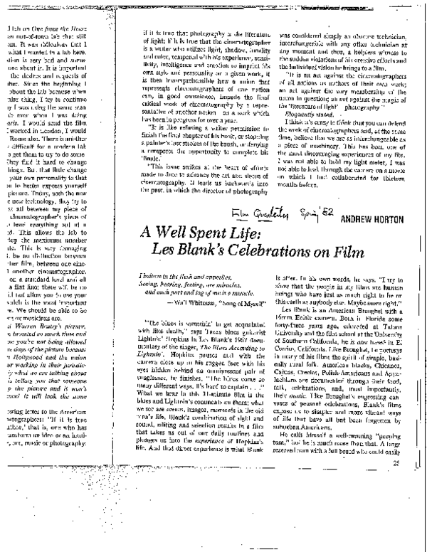 (PDF) A Well Spent Life: Les Blank's Celebrations on Film