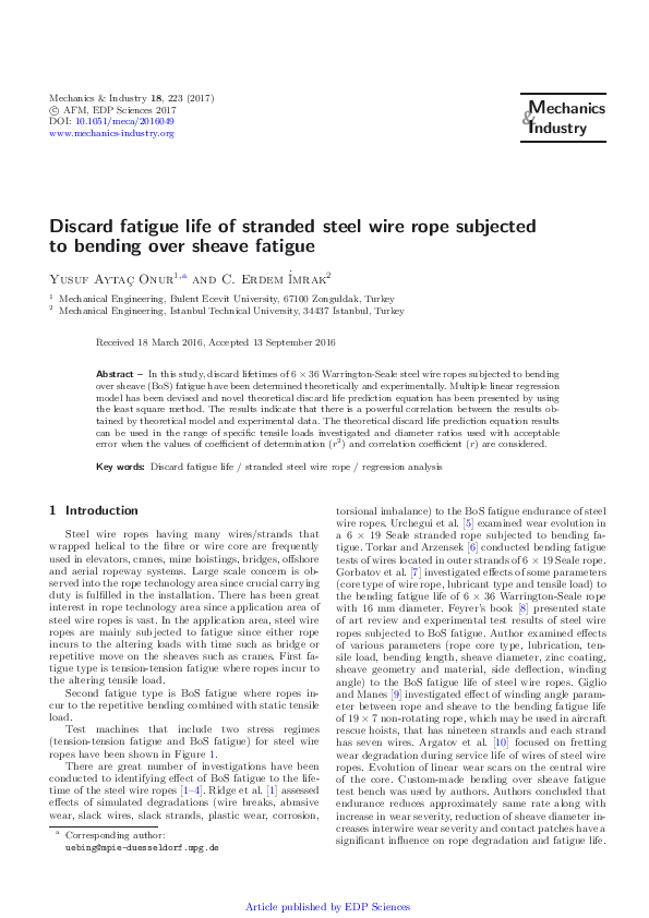 (PDF) Discard fatigue life of stranded steel wire rope subjected to ...