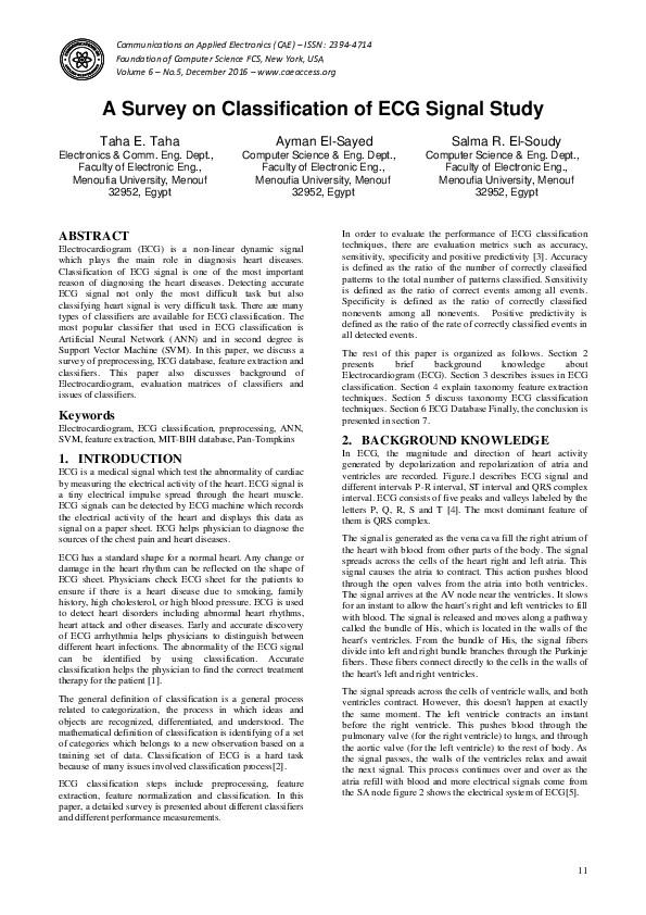 (PDF) A Survey on Classification of ECG Signal Study