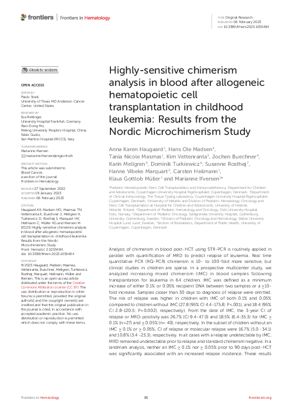 (PDF) Highly-sensitive chimerism analysis in blood after allogeneic ...