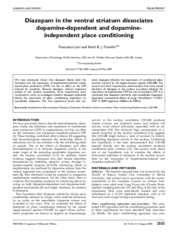 (PDF) Diazepam in the ventral striatum dissociates dopamine-dependent ...