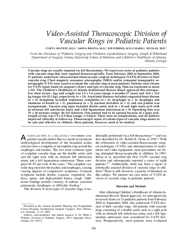(PDF) Video-Assisted Thoracoscopic Division of Vascular Rings in ...