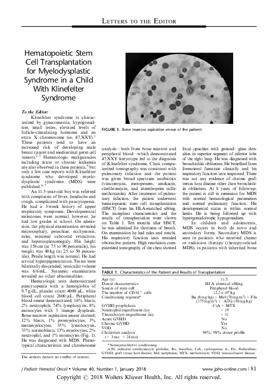 Hematopoietic Stem Cell Transplantation for Myelodysplastic Syndrome in ...