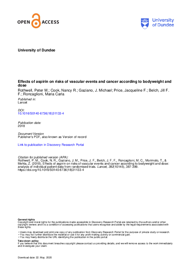 (PDF) Effects of aspirin on risks of vascular events and cancer ...