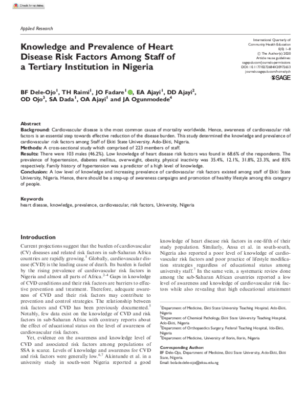 (PDF) Knowledge and Prevalence of Heart Disease Risk Factors Among ...