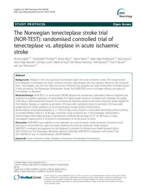 (PDF) The Norwegian tenecteplase stroke trial (NOR-TEST): randomised ...