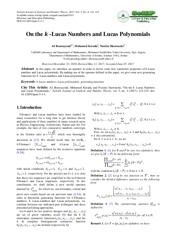 (PDF) On the k -Lucas Numbers and Lucas Polynomials