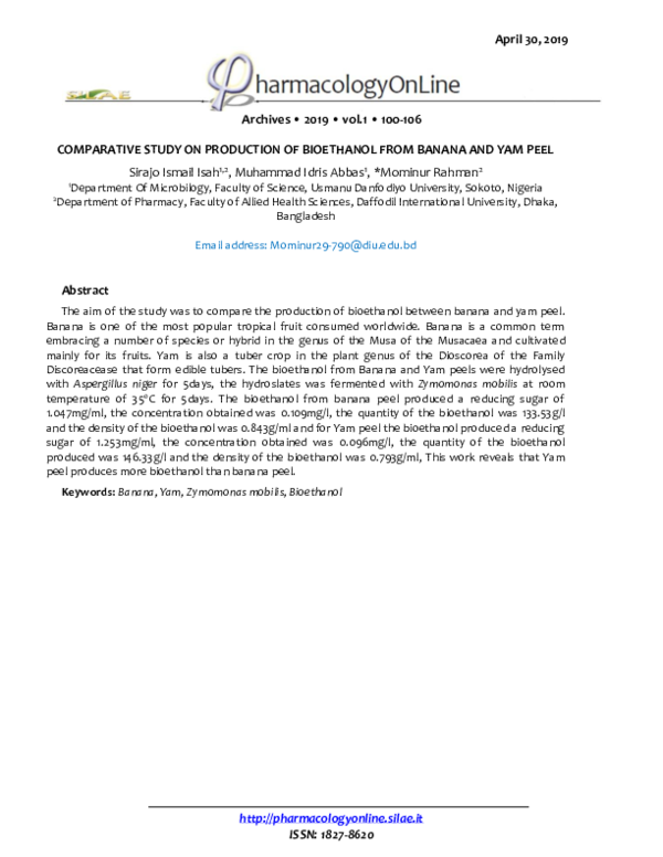 (PDF) Comparative Study on Production of Bioethanol from Banana and Yam ...