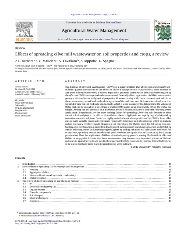 (PDF) Effects of spreading olive mill wastewater on soil properties and ...