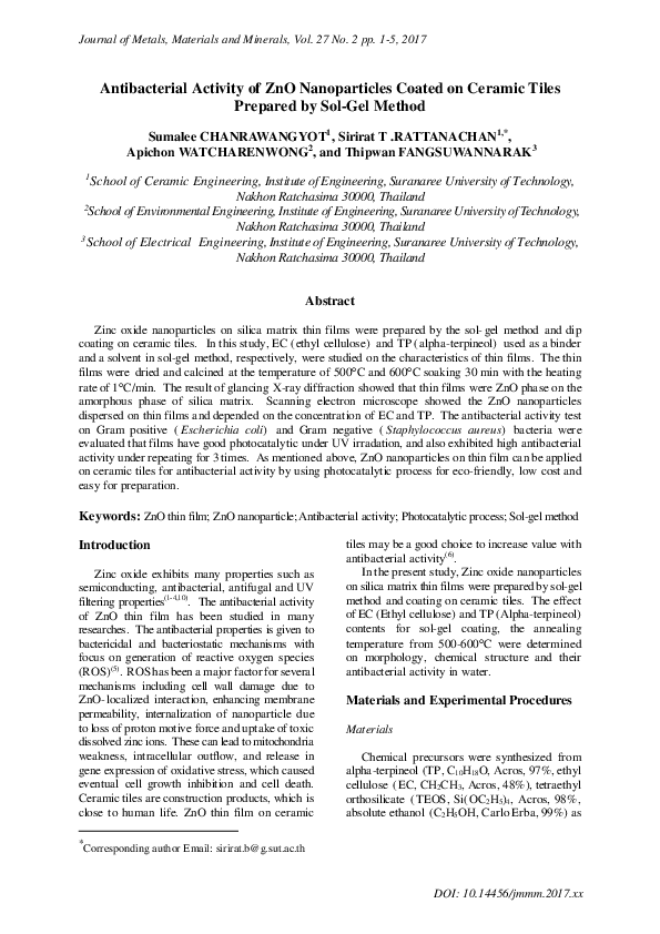 (PDF) Antibacterial activity of ZnO nanoparticles on silica thin film ...