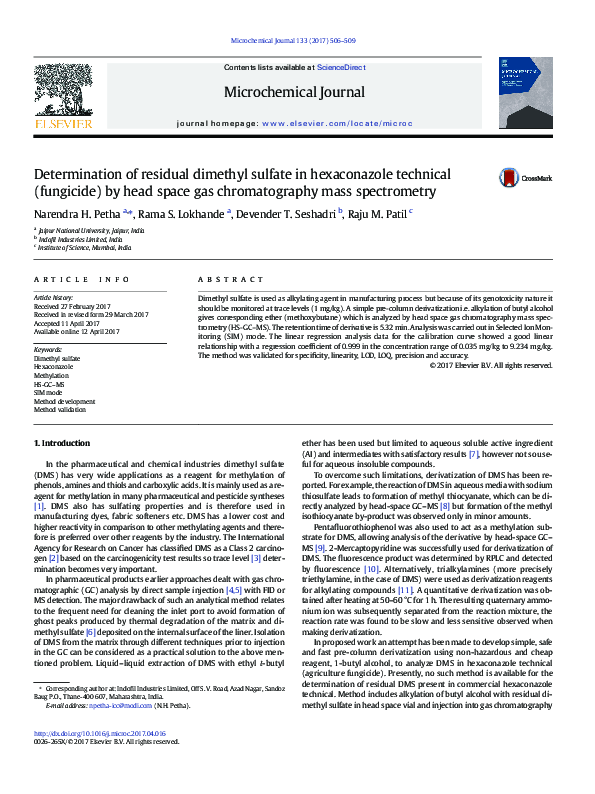 (PDF) Determination of residual dimethyl sulfate in hexaconazole ...