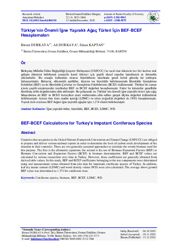 (PDF) Türkiye’nin Önemli İğne Yapraklı Türleri İçin BEF-BCEF Hesaplamaları