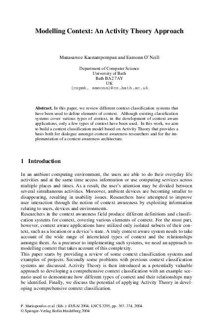 (PDF) Modelling Context: An Activity Theory Approach