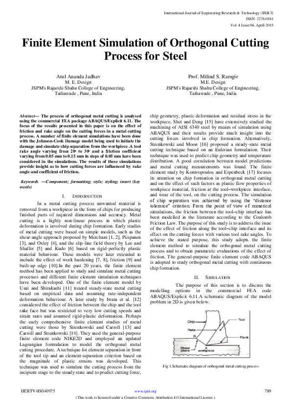 (PDF) Finite Element Simulation of Orthogonal Cutting Process for Steel