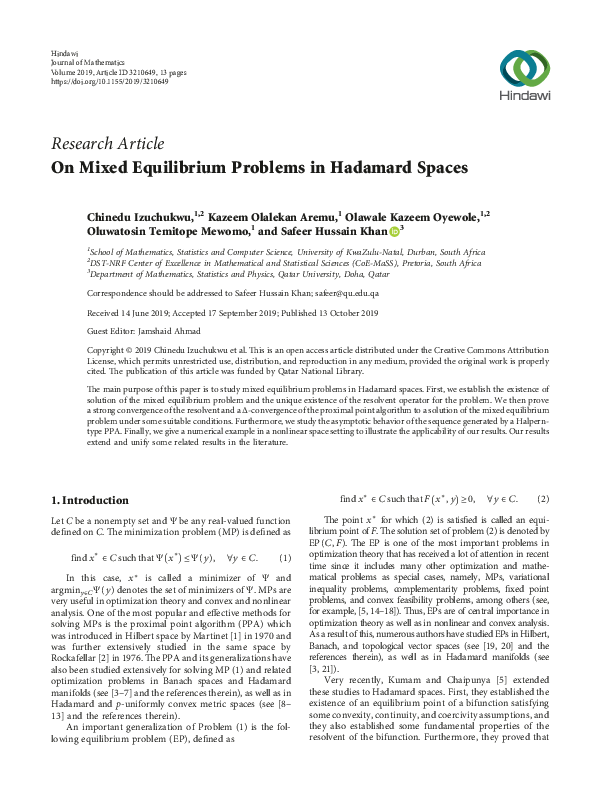 (PDF) On Mixed Equilibrium Problems in Hadamard Spaces