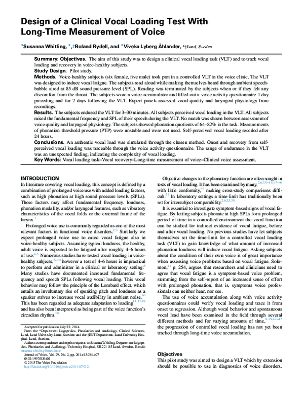 (PDF) Design of a Clinical Vocal Loading Test With Long-Time ...