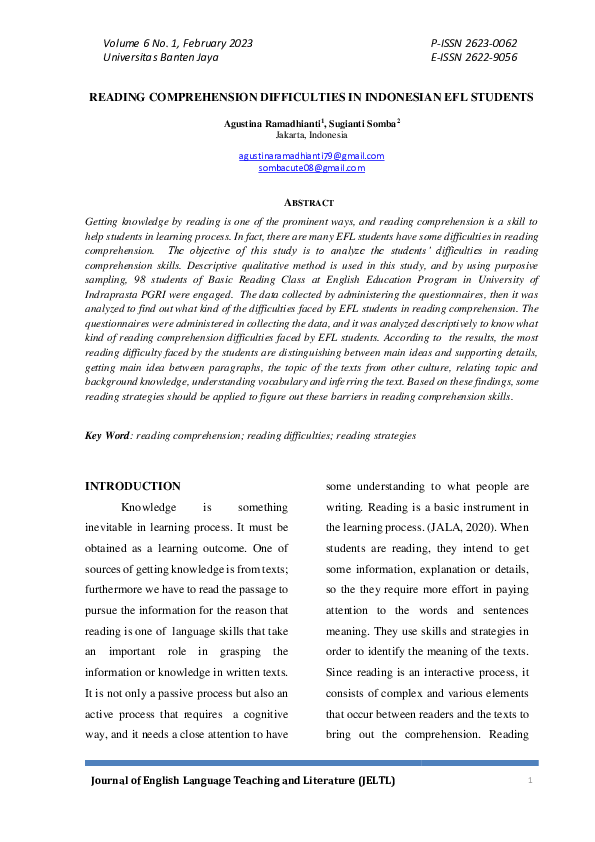 (PDF) Reading Comprehension Difficulties in Indonesian Efl Students