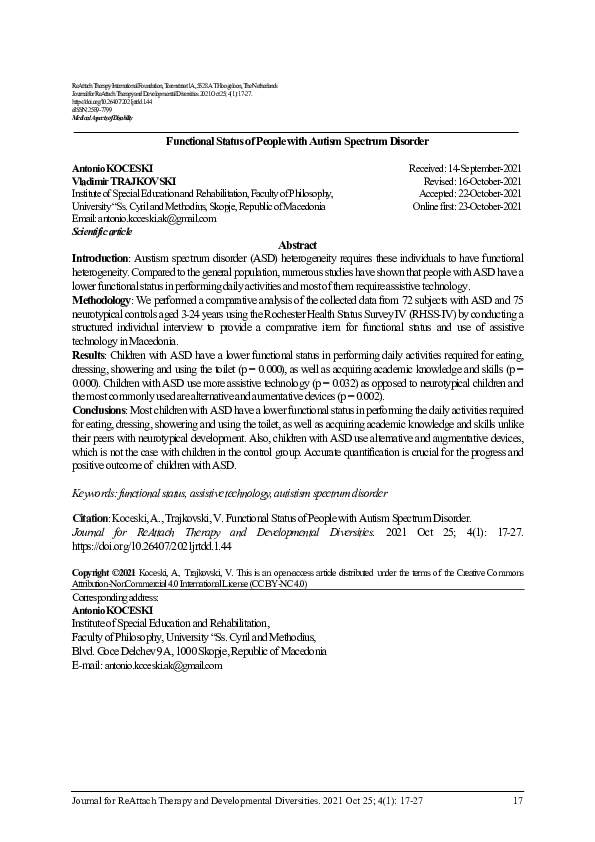 (PDF) Functional Status of People with Autism Spectrum Disorder