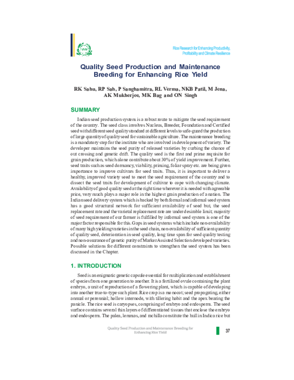 (PDF) Quality Seed Production and Maintenance Breeding for Enhancing ...