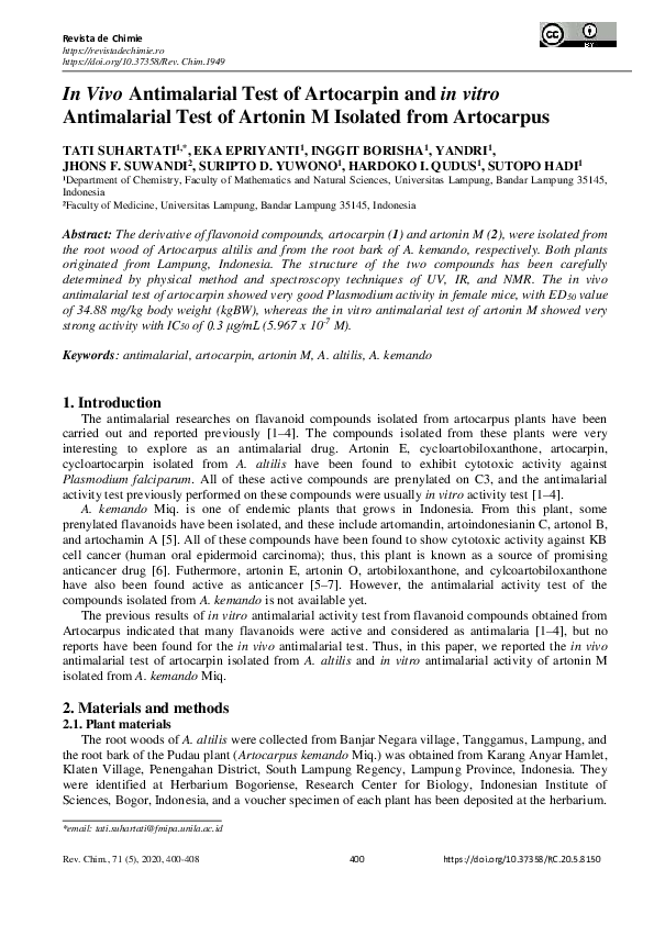 (PDF) In Vivo Antimalarial Test of Artocarpin and in vitro Antimalarial ...