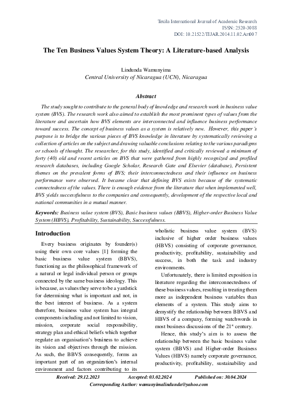 (PDF) The Ten Business Values System Theory: A Literature-based Analysis