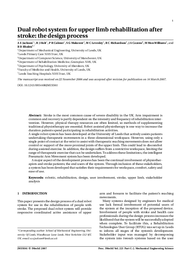 (PDF) Dual robot system for upper limb rehabilitation after stroke: The ...