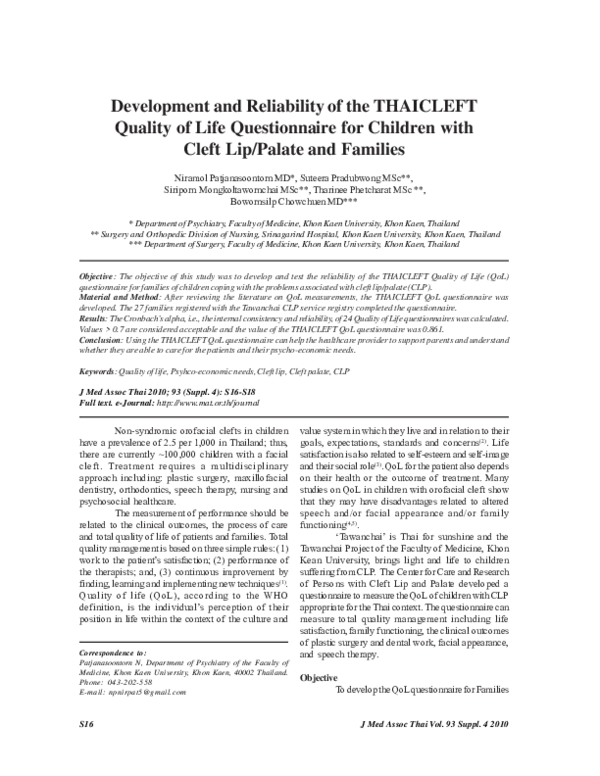 (PDF) Development and reliability of the THAICLEFT Quality of Life ...