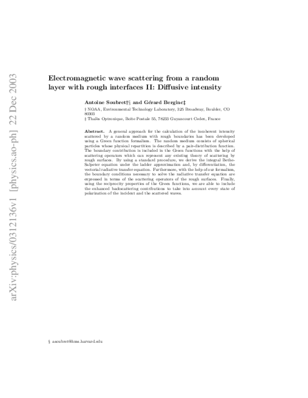 (PDF) Electromagnetic wave scattering from a random layer with rough ...
