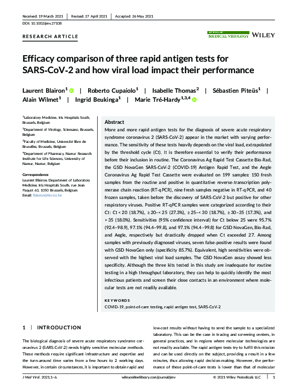(PDF) Efficacy comparison of three rapid antigen tests for SARS‐CoV‐2 ...