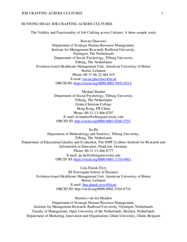 (PDF) The Validity and Functionality of Job Crafting across Cultures: A ...