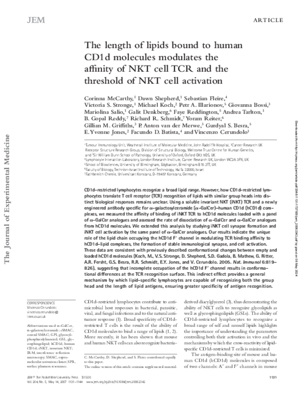 (PDF) The length of lipids bound to human CD1d molecules modulates the ...