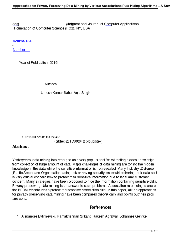 (PDF) Approaches for Privacy Preserving Data Mining by Various ...