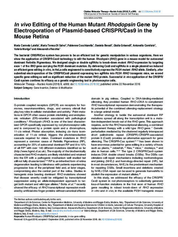 (PDF) In vivo Editing of the Human Mutant Rhodopsin Gene by ...