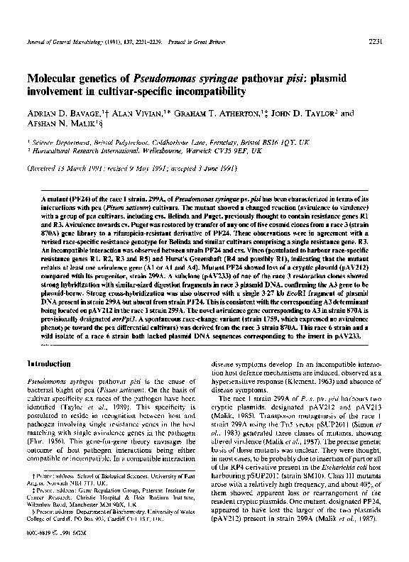 (PDF) Molecular genetics of Pseudomonas syringae pathovar pisi: plasmid ...