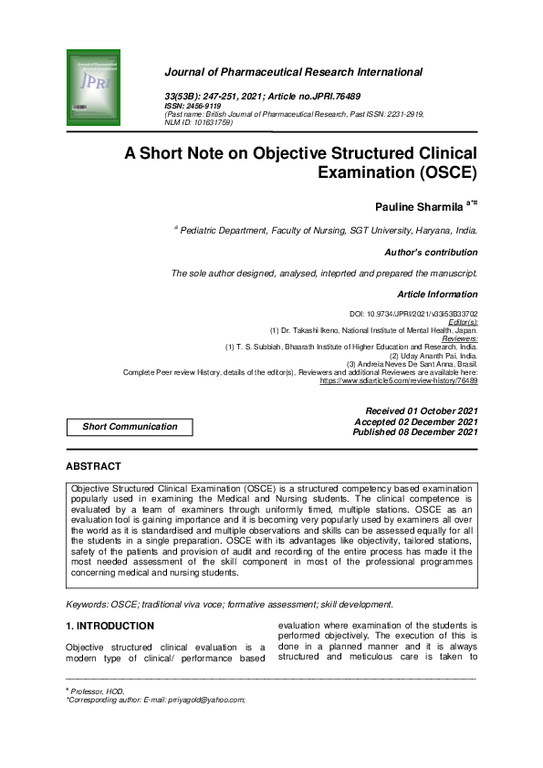 (PDF) A Short Note on Objective Structured Clinical Examination (OSCE)