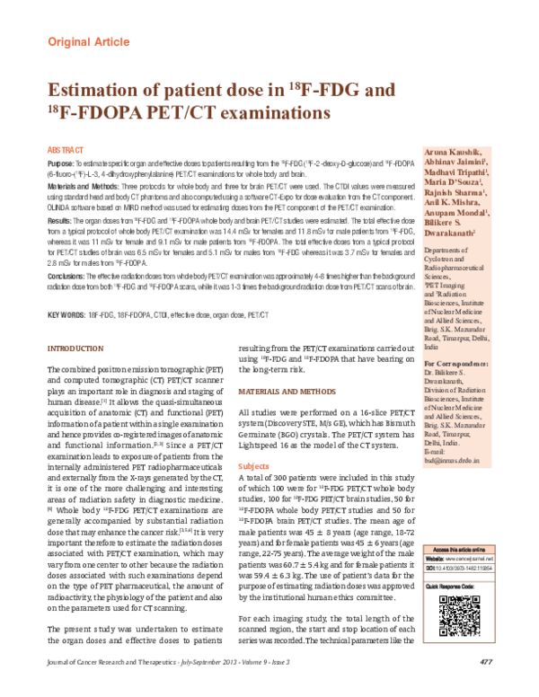 (PDF) Estimation of patient dose in 18 F-FDG and 18 F-FDOPA PET/CT ...