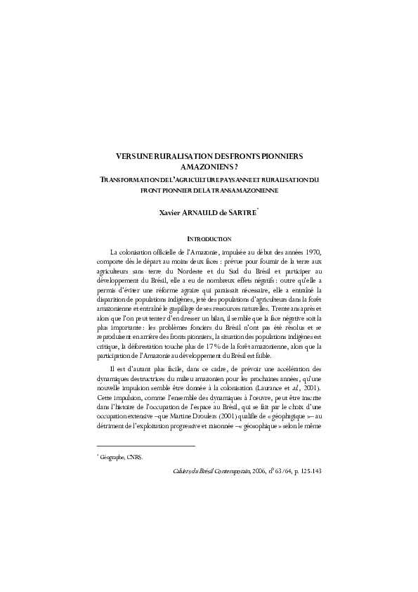 (PDF) Vers une ruralisation des fronts pionniers amazoniens ...