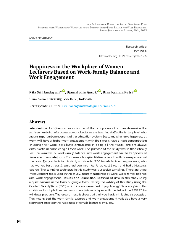 (PDF) Happiness in the Workplace of Women Lecturers Based on Work ...