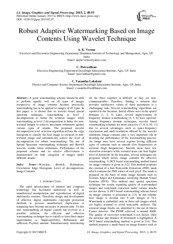 (PDF) Robust Adaptive Watermarking Based on Image Contents Using ...