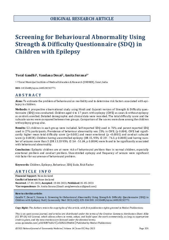 (PDF) Screening for Behavioural Abnormality Using Strength & Difficulty ...