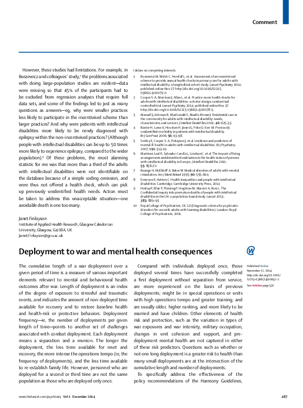 (PDF) Deployment to war and mental health consequences